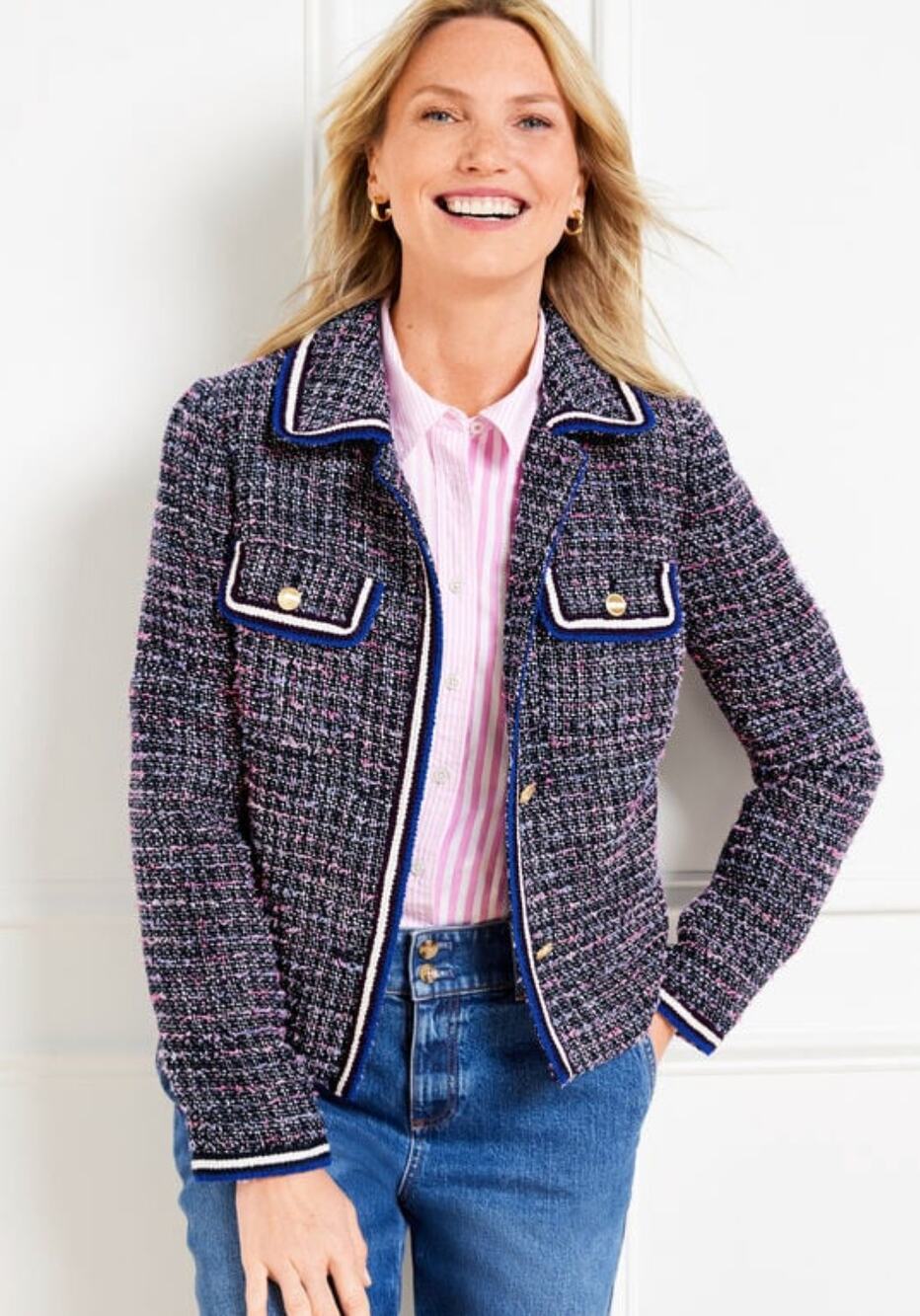 Talbots Breeze Tweed Blazer Jacket Womens Size 8 Petite New Button Up Pink Black